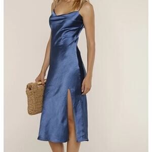 Heartloom Oliver Midi Slip Dress XS Blue Satin Side Slit Cocktail Night Out